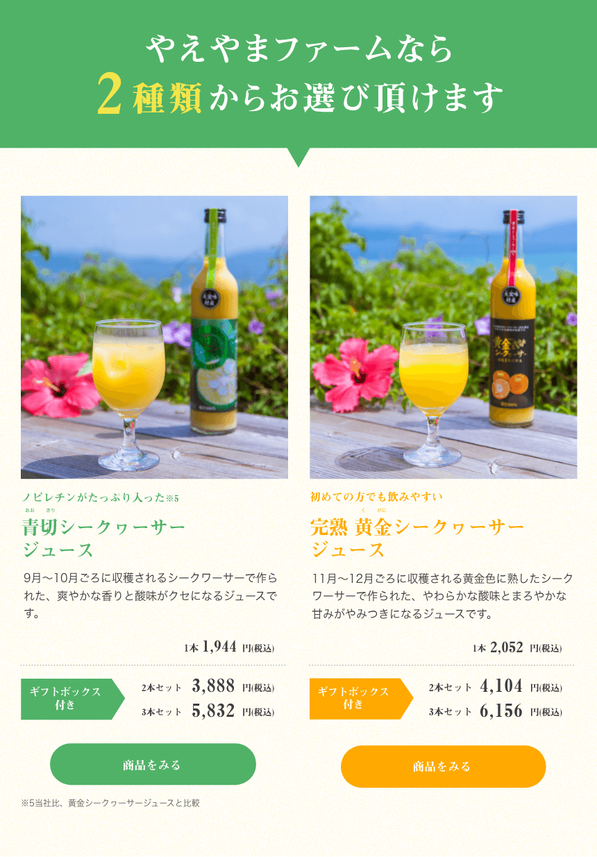 やえやまファームなら2種類からご選びいただけます ノビレチンがたっぷり入った※5青切シークヮーサージュース 9月～10月ごろに収穫されるシークワーサーで作られた、爽やかな香りと酸味がクセになるジュースです。1本1,944円(税込) 2本セット3,888円(税込) 3本セット5,832円(税込) ※5当社比、黄金シークヮーサージュースと比較 初めての方でも飲みやすい♪贅熟黄金シークヮーサージュース 11月～12月ごろに収穫される黄金色に熟したシークワーサーで作られた、やわらかな酸味とまろやかな甘みがやみつきになるジュースです。1本2,052円(税込) 2本セット4,104円(税込) 3本セット6,156円(税込)