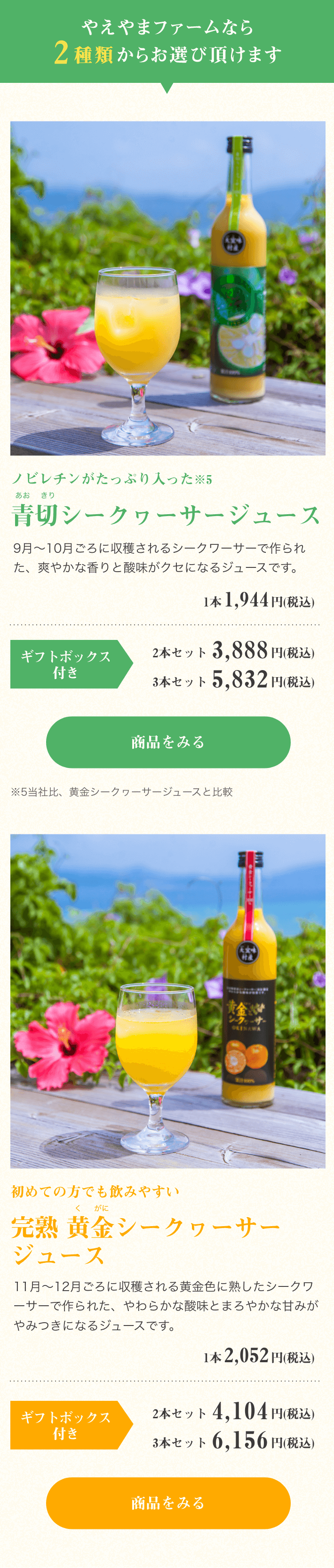 やえやまファームなら2種類からご選びいただけます ノビレチンがたっぷり入った※5青切シークヮーサージュース 9月～10月ごろに収穫されるシークワーサーで作られた、爽やかな香りと酸味がクセになるジュースです。1本1,944円(税込) 2本セット3,888円(税込) 3本セット5,832円(税込) ※5当社比、黄金シークヮーサージュースと比較 初めての方でも飲みやすい♪贅熟黄金シークヮーサージュース 11月～12月ごろに収穫される黄金色に熟したシークワーサーで作られた、やわらかな酸味とまろやかな甘みがやみつきになるジュースです。1本2,052円(税込) 2本セット4,104円(税込) 3本セット6,156円(税込)
